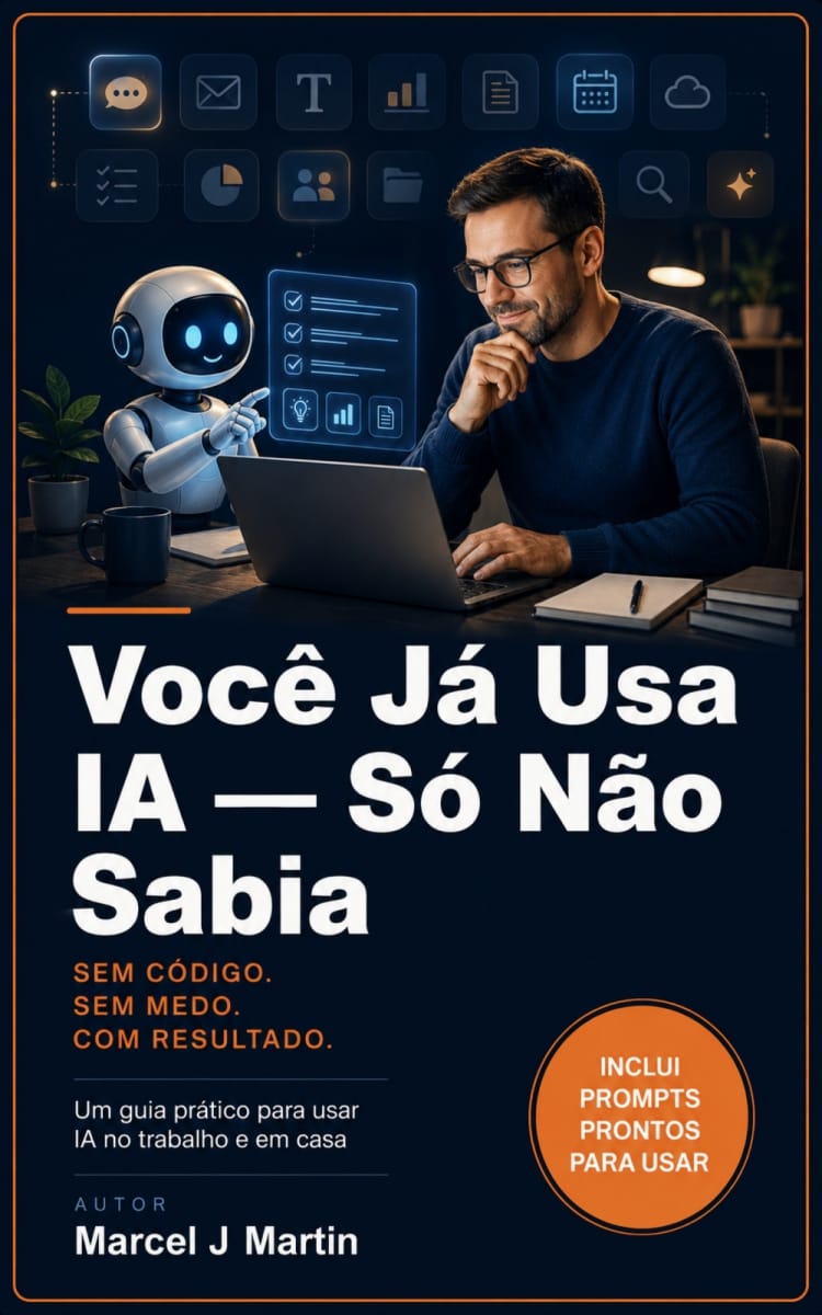 Capa do livro "Você Já Usa IA — Só Não Sabia" de Marcel J Martin. Homem ao notebook com robô de IA. Guia prático sem código.