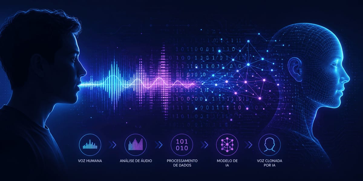 Clonagem de voz por IA: ilustração de voz humana transformada em gêmeo digital com ondas sonoras, redes neurais e inteligência artificial generativa.