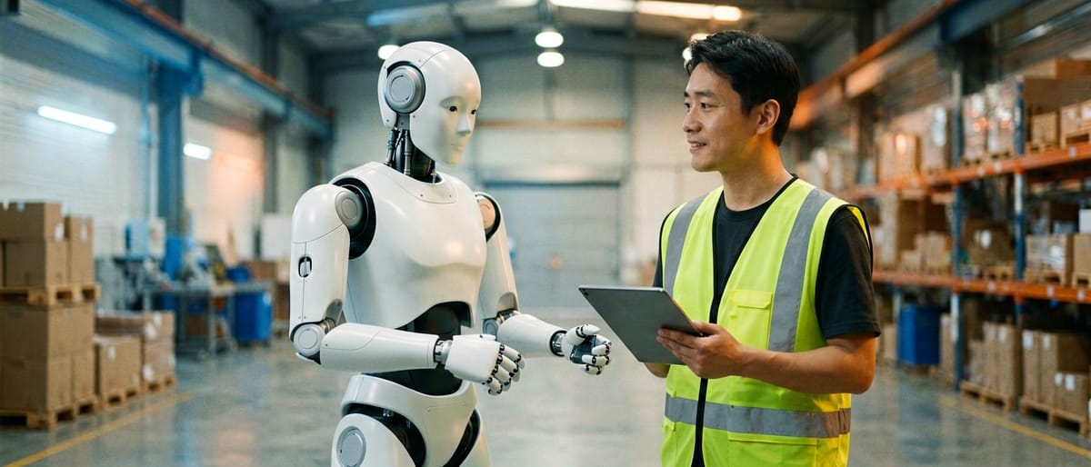 Robô humanoide branco trabalha ao lado de um trabalhador de colete amarelo com tablet num armazém moderno, em colaboração.