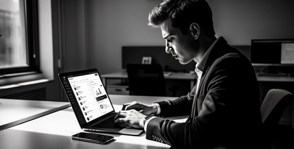 Profissional jovem trabalhando no notebook com dashboards de redes sociais na tela, fotografia em preto e branco estilo jornalístico, iluminação dramática de alto contraste