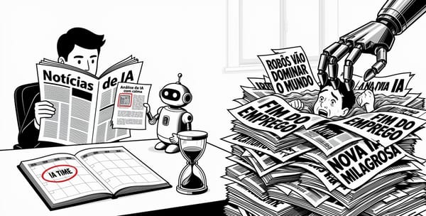 Infográfico sobre inteligência artificial com notícias, análise com calma, robôs dominar o mundo, IA em regozijo, IA time e nova milagrosa. Reflexão sobre o futuro da IA.