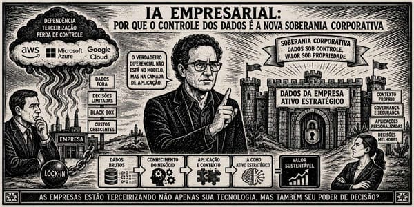 Charge em xilogravura mostra empresa dividida entre dependência da nuvem e soberania dos dados, destacando IA como ativo estratégico próprio.