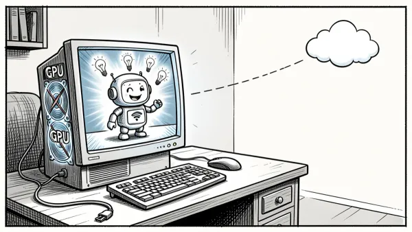 Charge de jornal: computador com robô sorridente e lâmpadas de ideia na tela; gabinete com placa de vídeo (GPU) e cabo solto, e nuvem da internet ao fundo, ligada por linha tracejada