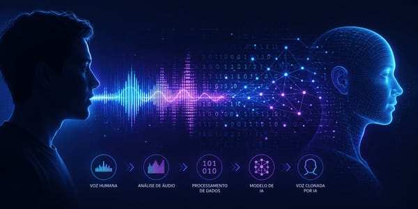 Clonagem de voz por IA: ilustração de voz humana transformada em gêmeo digital com ondas sonoras, redes neurais e inteligência artificial generativa.