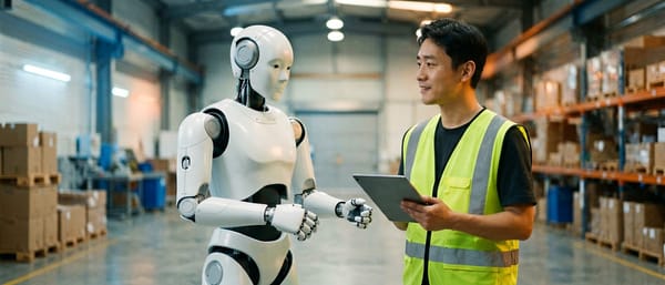 Robô humanoide branco trabalha ao lado de um trabalhador de colete amarelo com tablet num armazém moderno, em colaboração.