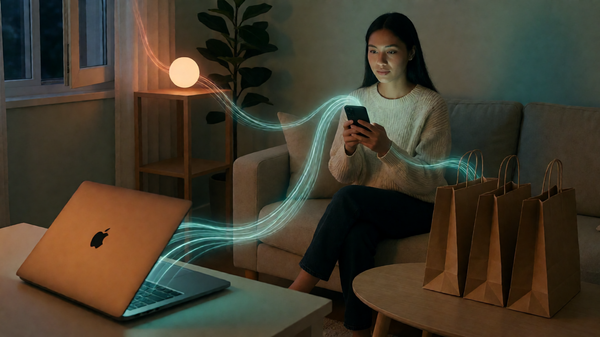 Fios de luz saem do celular de uma mulher e executam compras e trabalho; um fio âmbar escapa pela janela