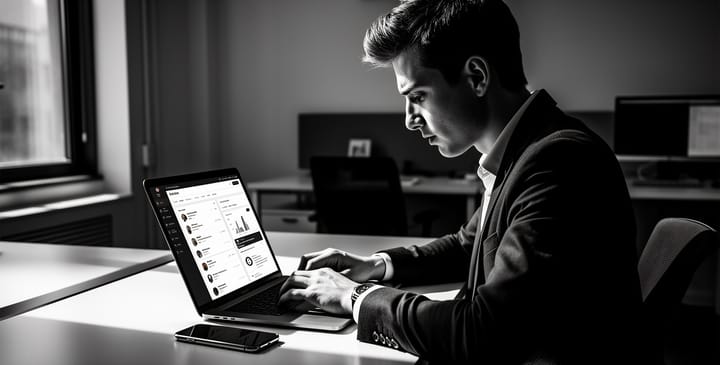 Profissional jovem trabalhando no notebook com dashboards de redes sociais na tela, fotografia em preto e branco estilo jornalístico, iluminação dramática de alto contraste