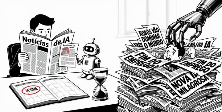 Infográfico sobre inteligência artificial com notícias, análise com calma, robôs dominar o mundo, IA em regozijo, IA time e nova milagrosa. Reflexão sobre o futuro da IA.