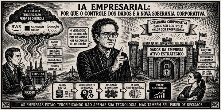 Charge em xilogravura mostra empresa dividida entre dependência da nuvem e soberania dos dados, destacando IA como ativo estratégico próprio.